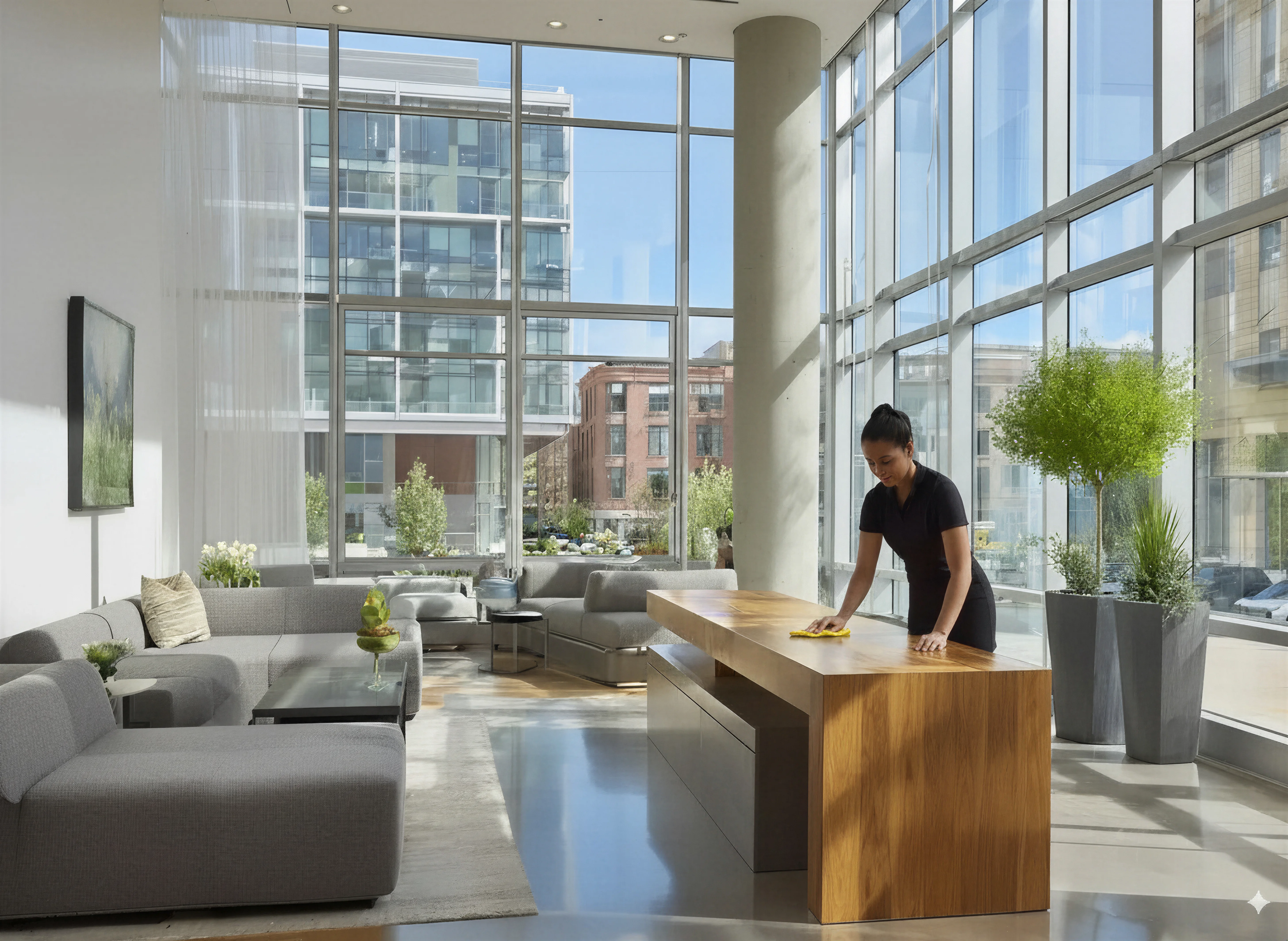 Commercial Cleaning Associates professional cleaner maintaining pristine office environment