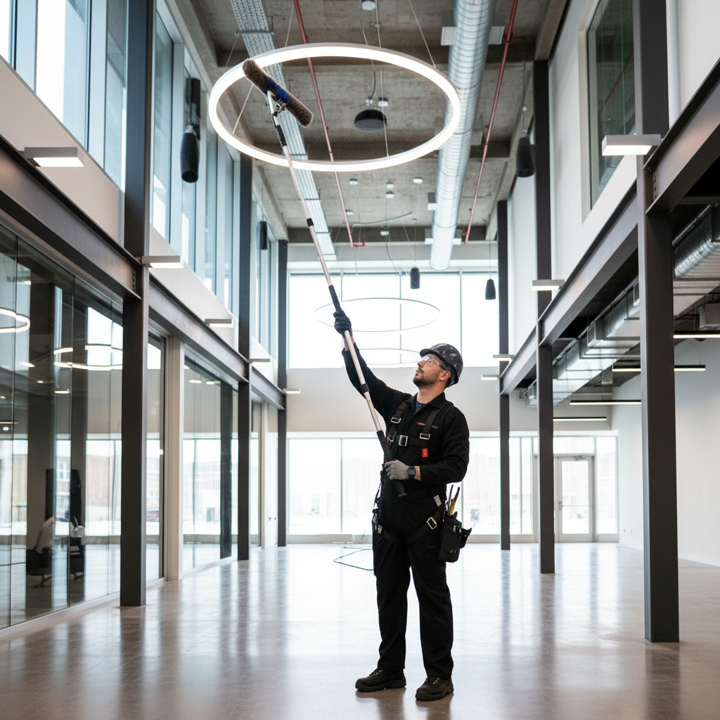 Professional high dusting service technician using extended pole equipment to clean elevated commercial ceiling fixtures