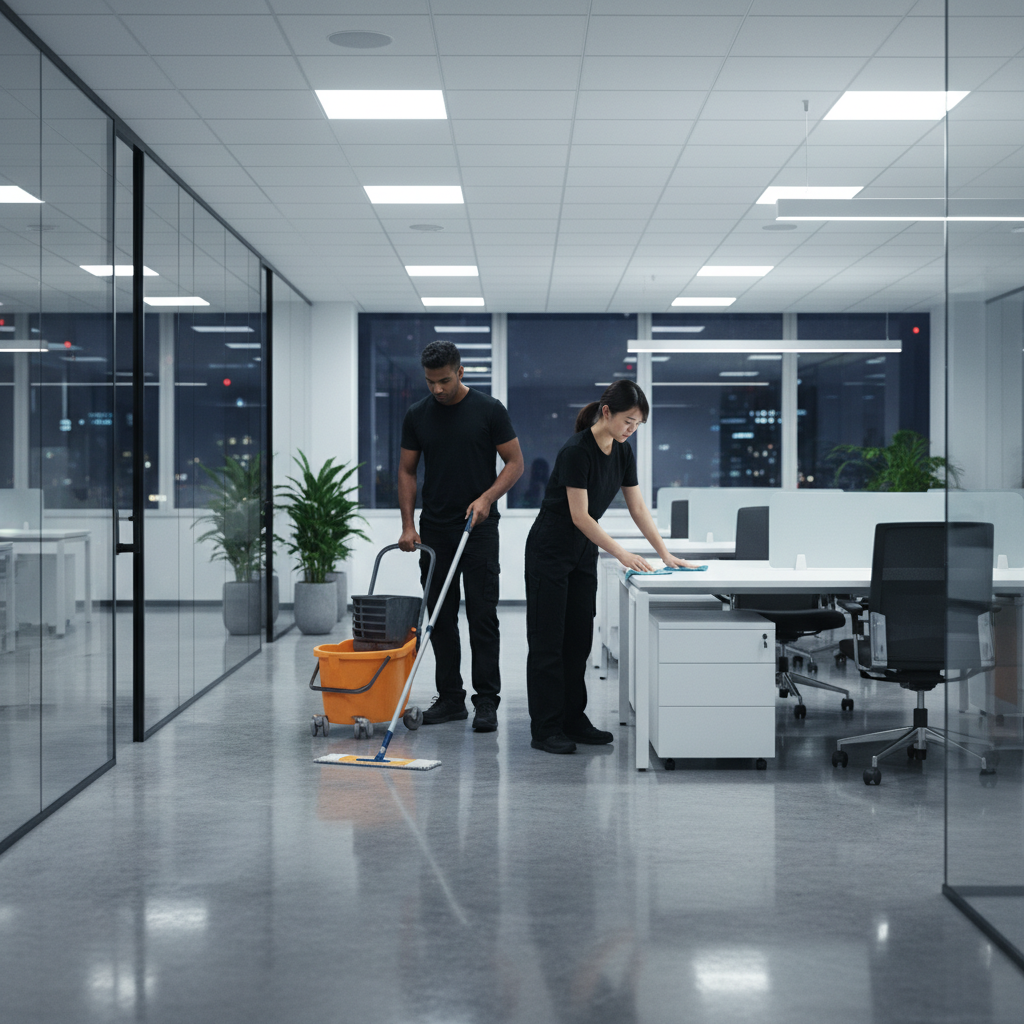 Professional diverse cleaning crew providing overnight janitorial services in modern commercial office building